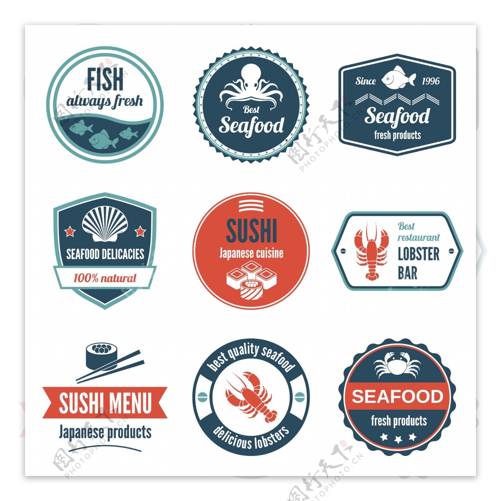 海鲜永远新鲜鱼产品美食寿司日本料理龙虾酒吧图标设置孤立矢量插图