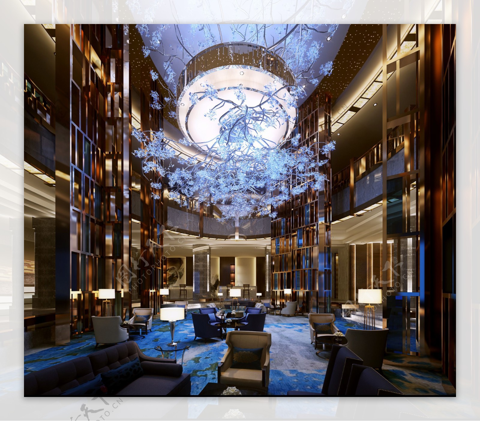 现代奢华酒店大厅白色水晶灯工装装修效果图