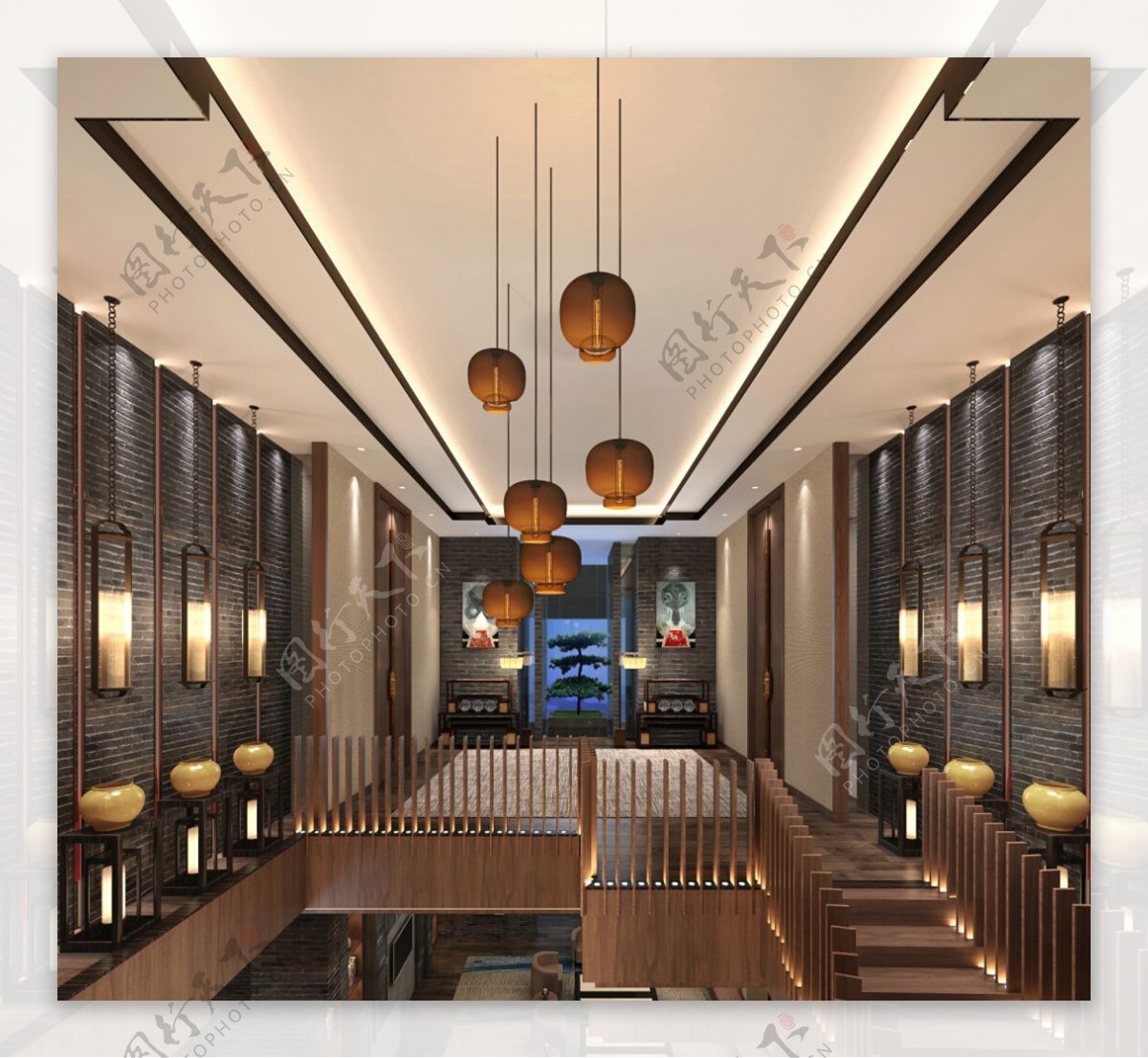 现代时尚金色吊灯酒店大厅工装装修效果图