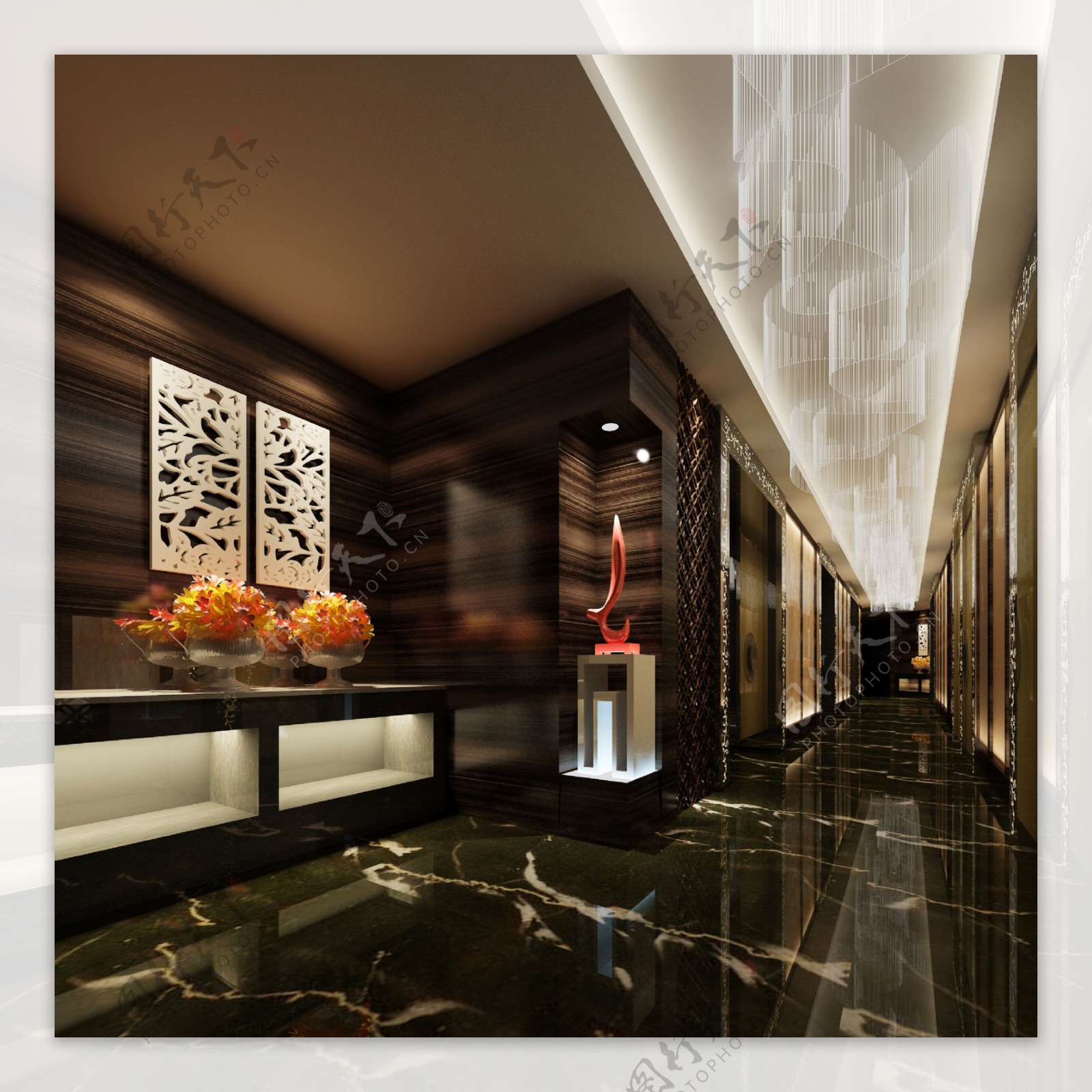 现代时尚酒店走廊深色地板工装装修效果图