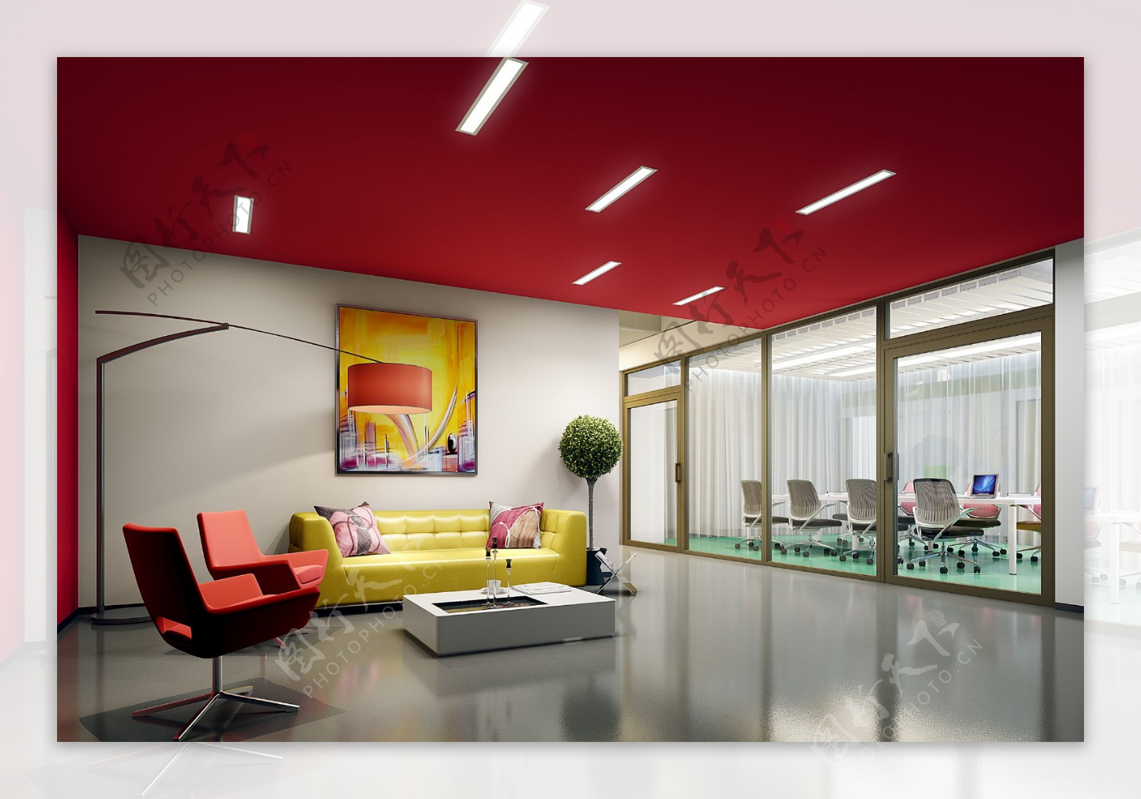 现代时尚办公室红色天花板工装装修图