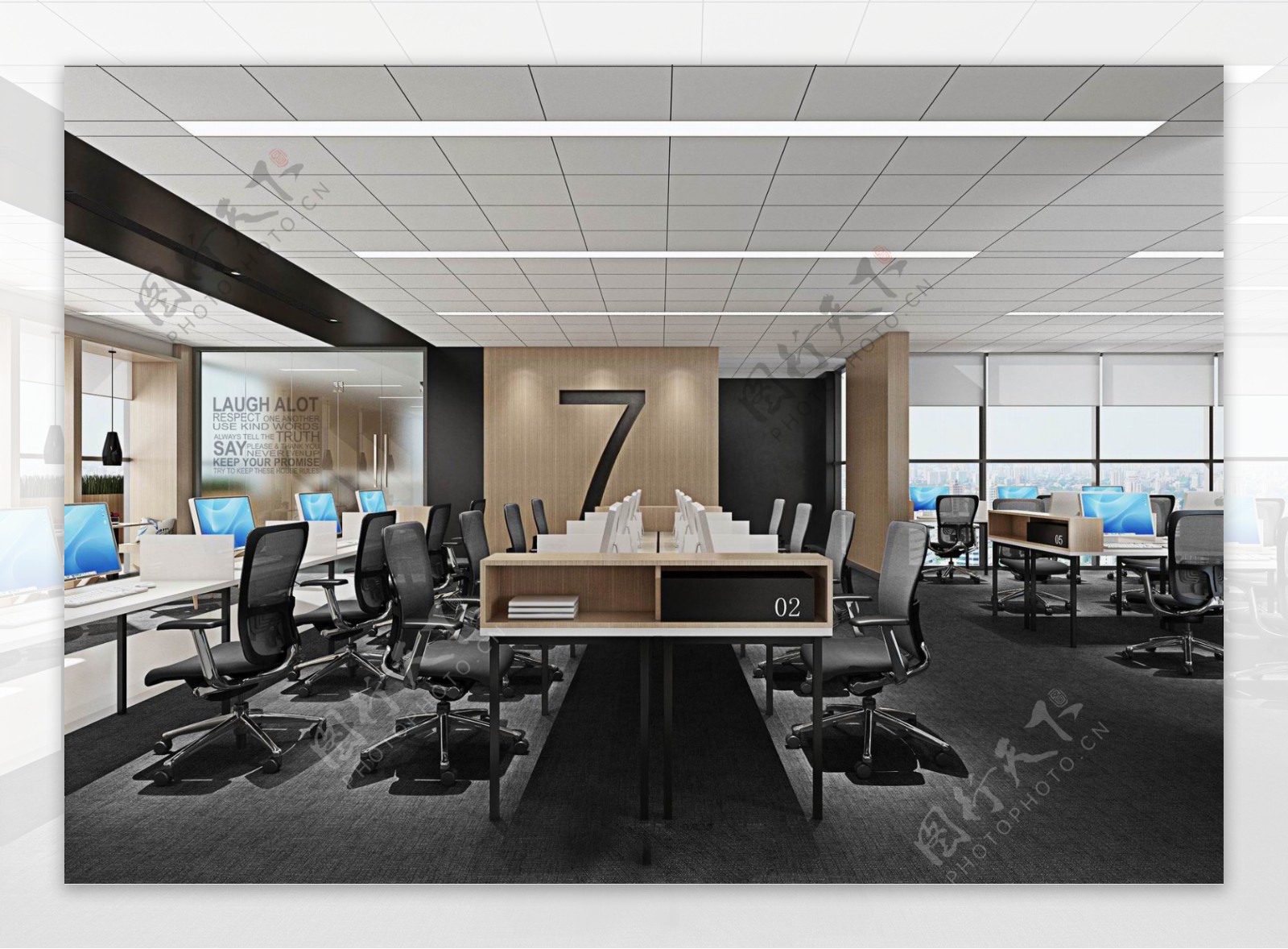 现代简约格子天花板办公室工装装修效果图