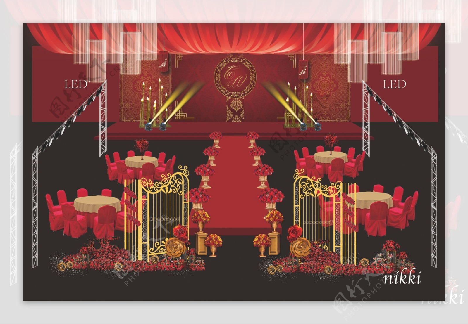 红色新中式婚礼主舞台效果图