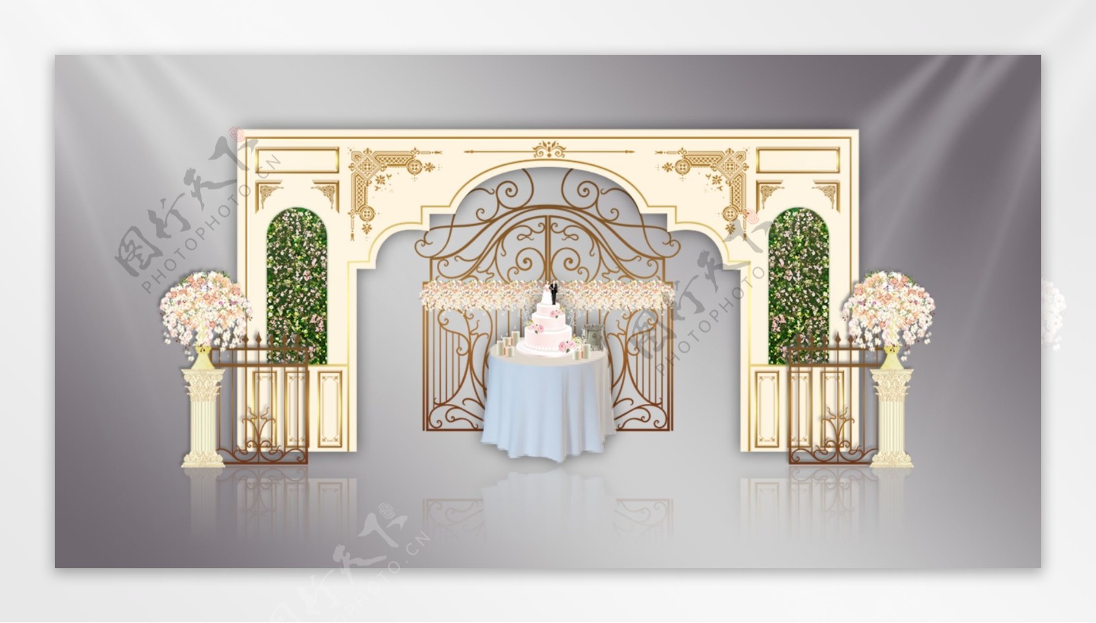 欧式拱门铁艺雕花入口展示区迎宾婚礼效果图
