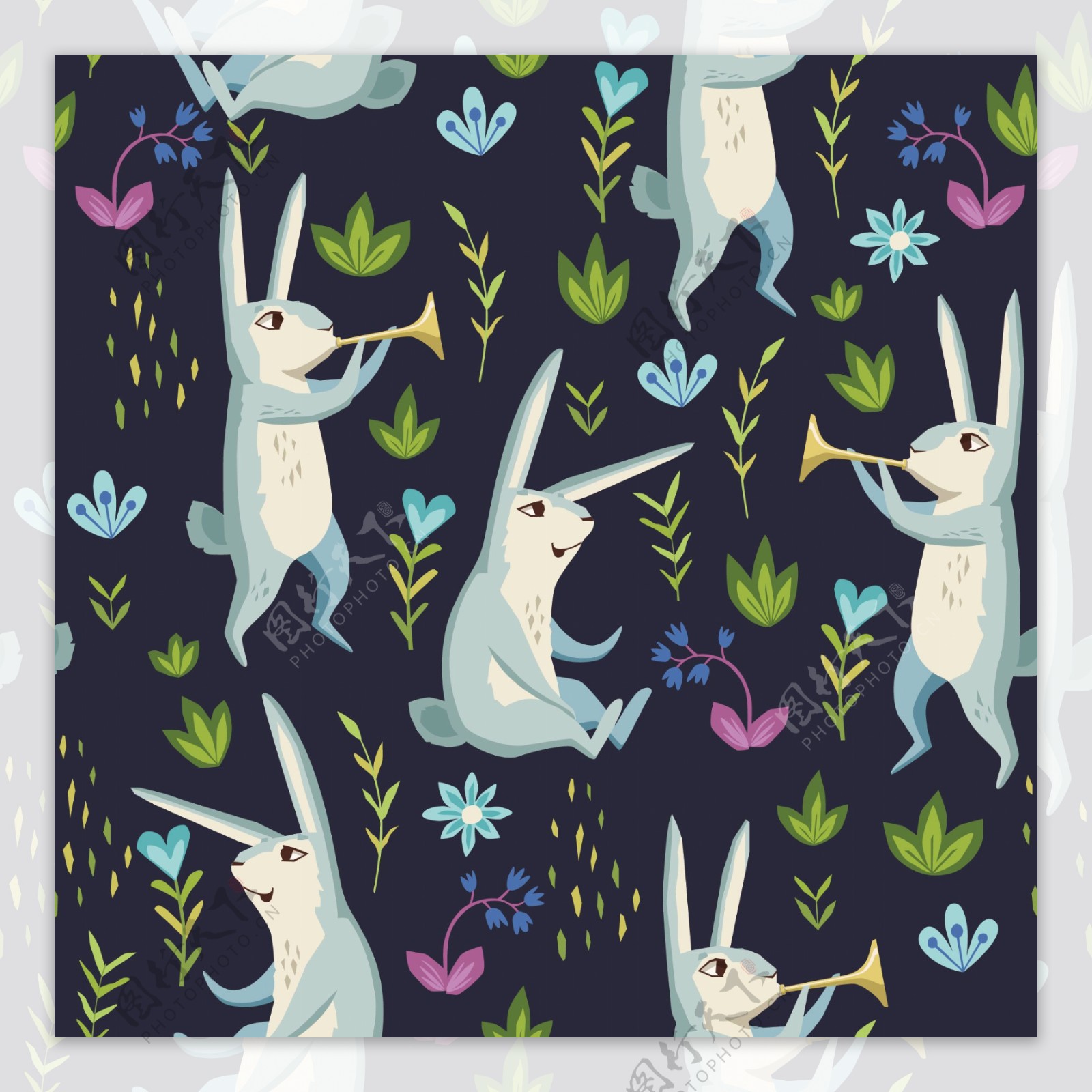 时尚手绘行走的兔子壁纸图案装饰设计
