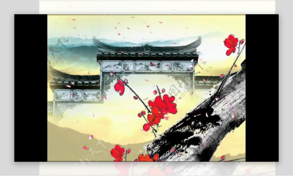 中国风建筑红梅背景大屏视频素材