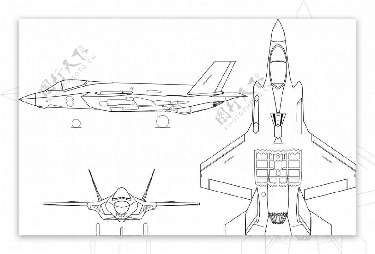 隐身战机F35A矢量三视图线稿