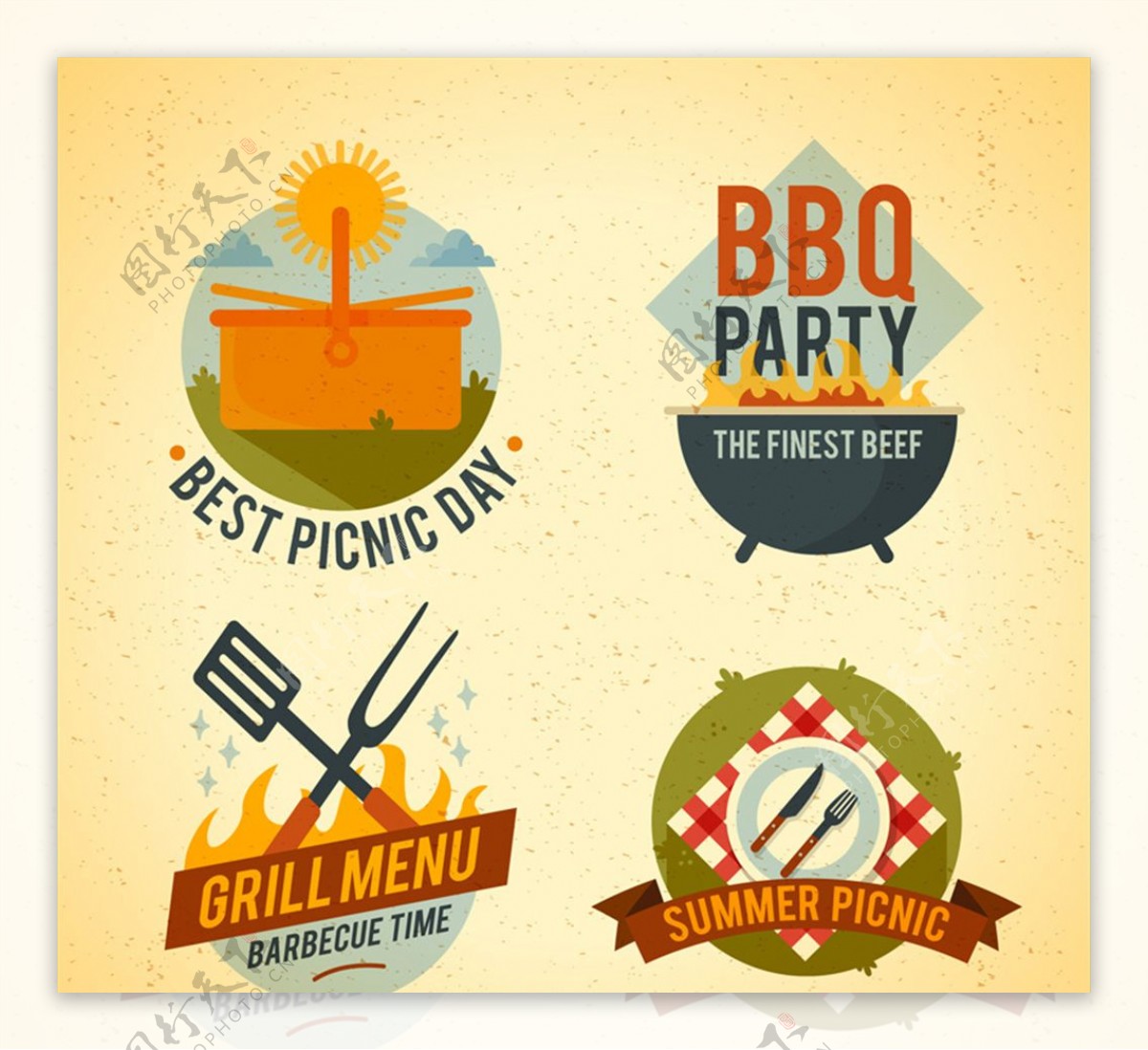 4款烧烤派对和野餐标签矢量图