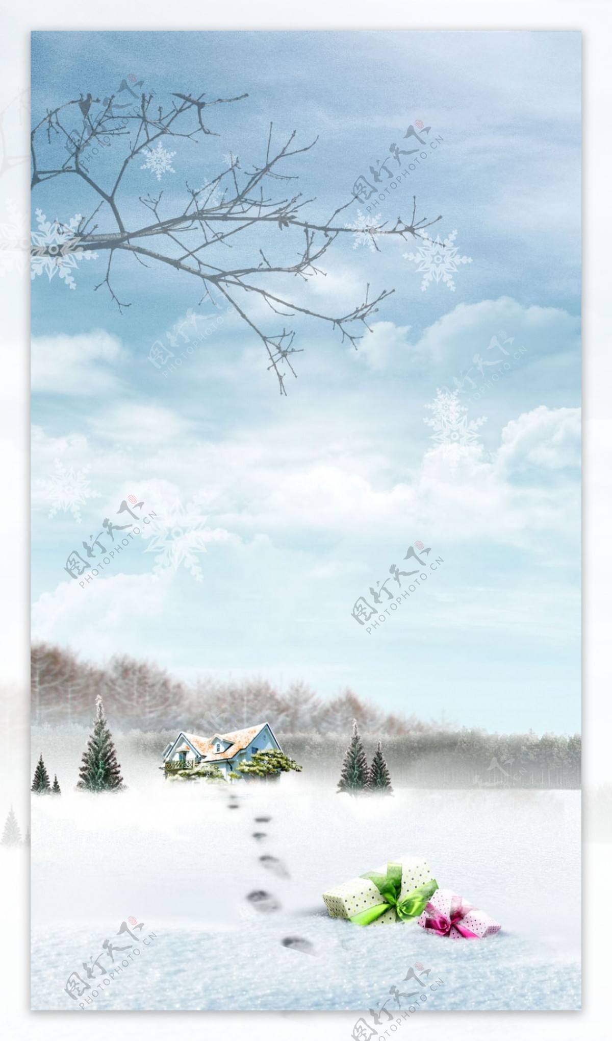 冬季雪地树枝云朵H5背景素材