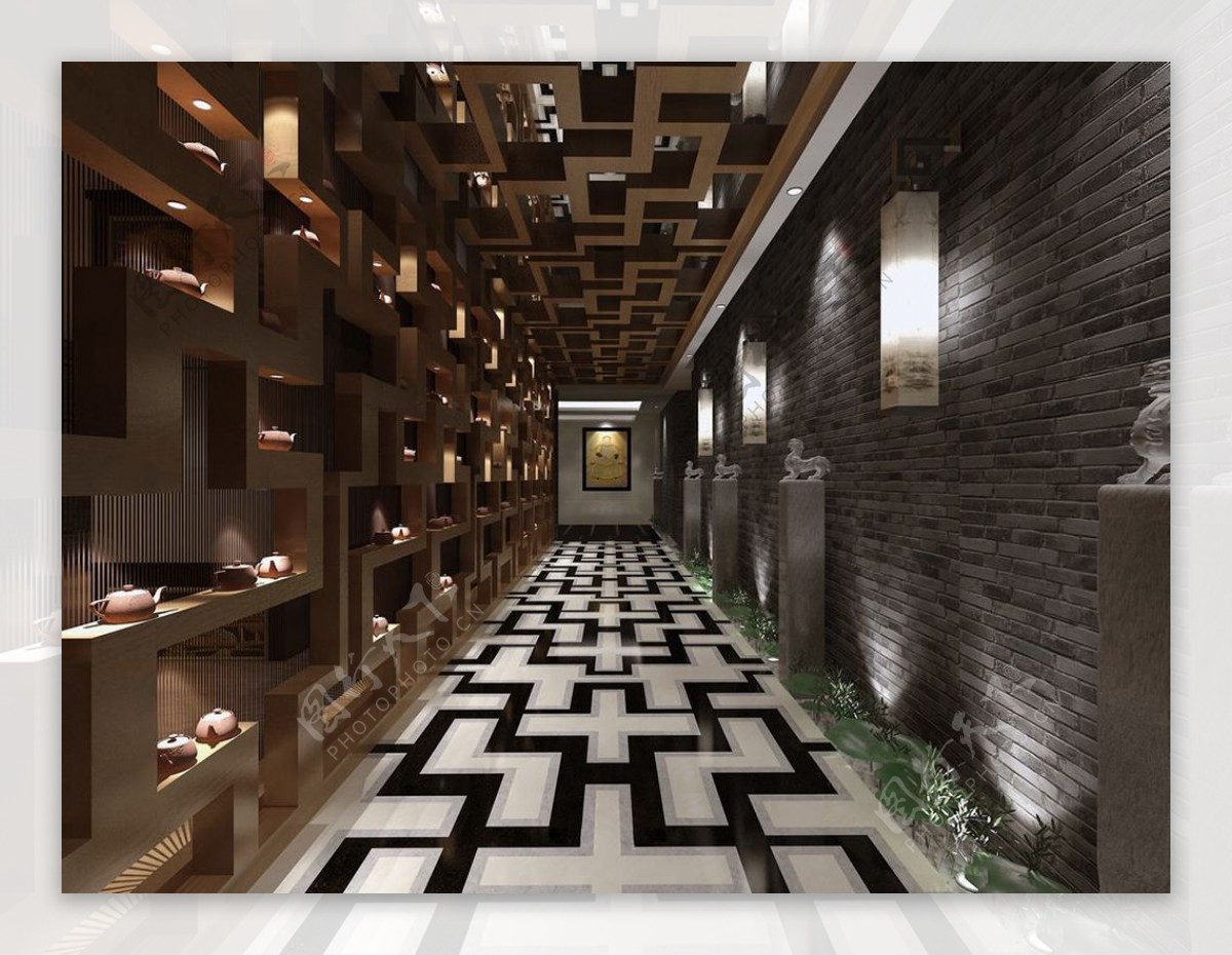 新中式风格商业空间走廊效果图设计