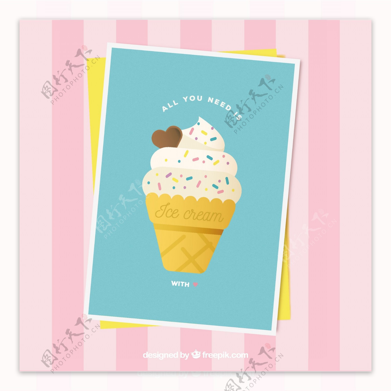 平面设计的冰淇淋蛋卷蓝色卡片
