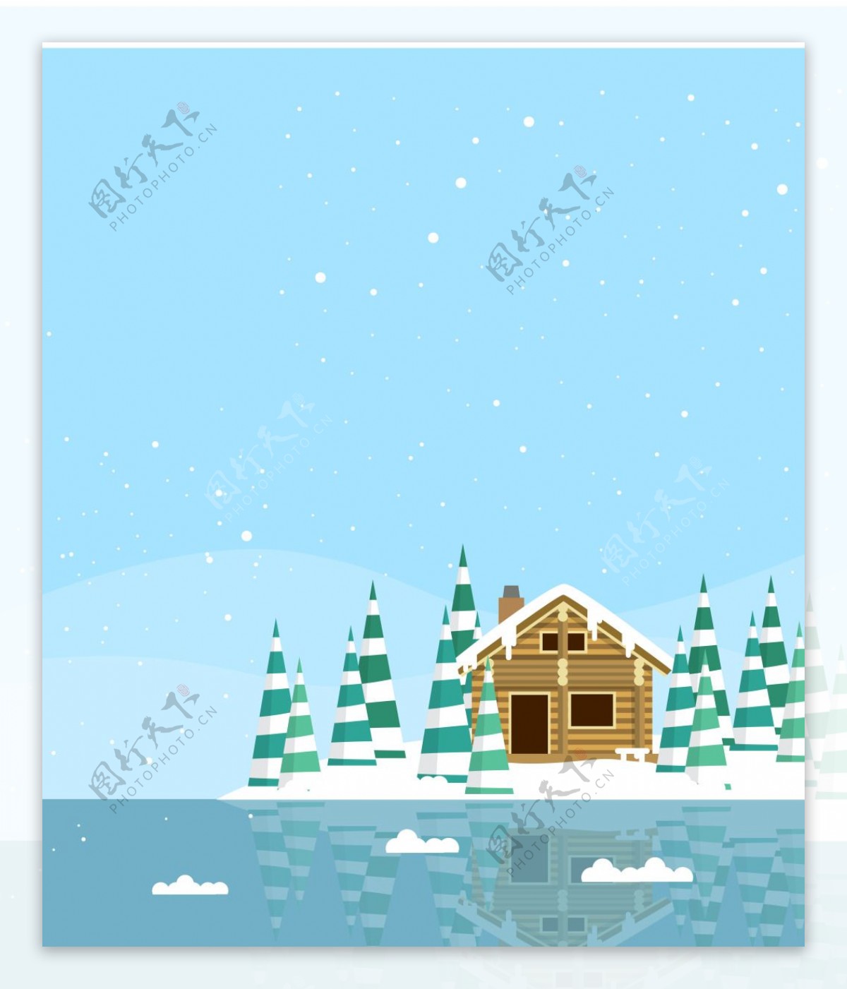 湖边房子卡通冬季海报背景素材