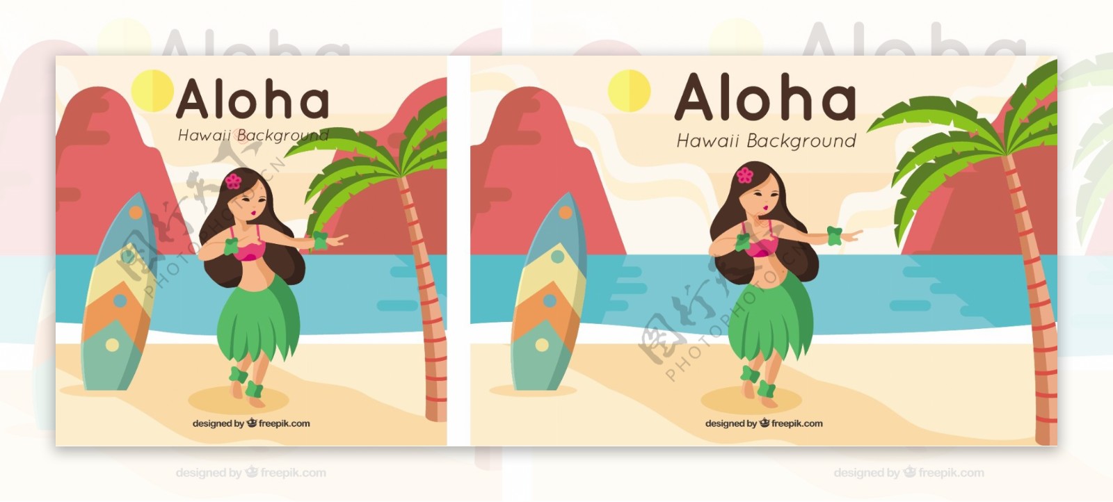漂亮的背景与夏威夷女孩和冲浪板