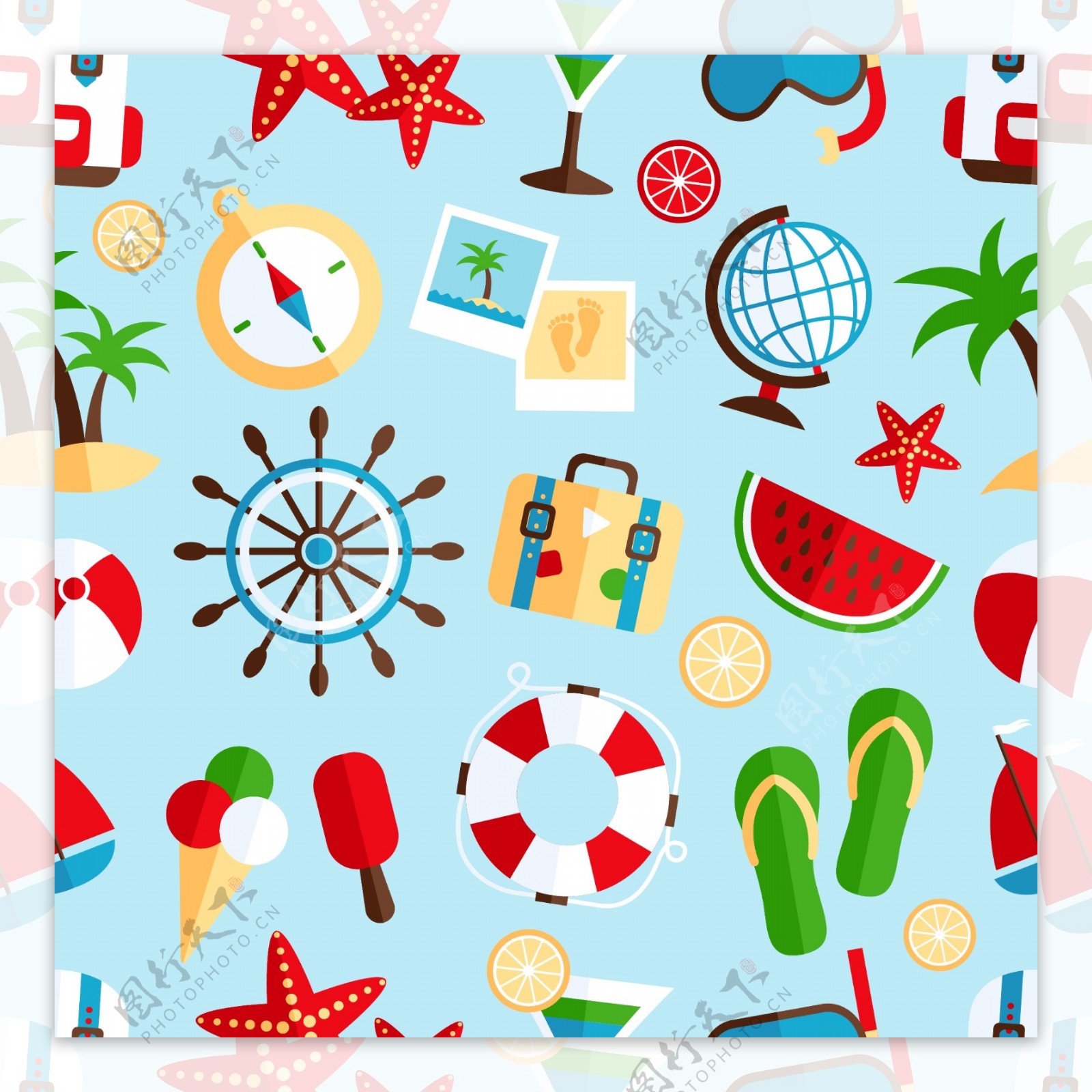 装饰性夏日热带度假标志海滩西瓜鸡尾酒包装纸无缝图案抽象矢量插图