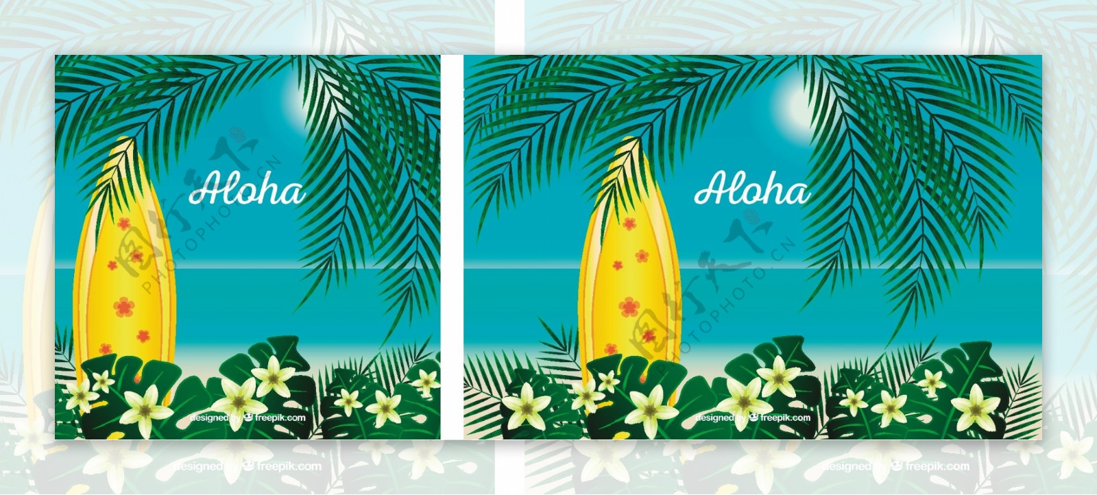 ALOHA背景与棕榈树和冲浪板