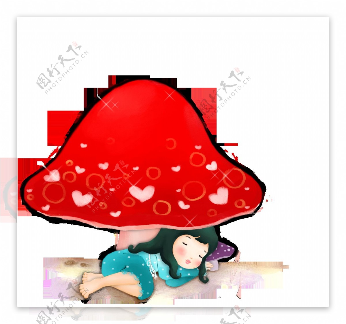 卡通蘑菇伞下面的小姑娘png元素素材
