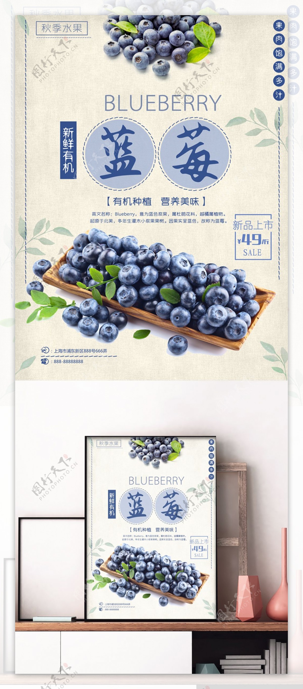 蓝色简约清新秋季水果水果店鲜蓝莓促销海报