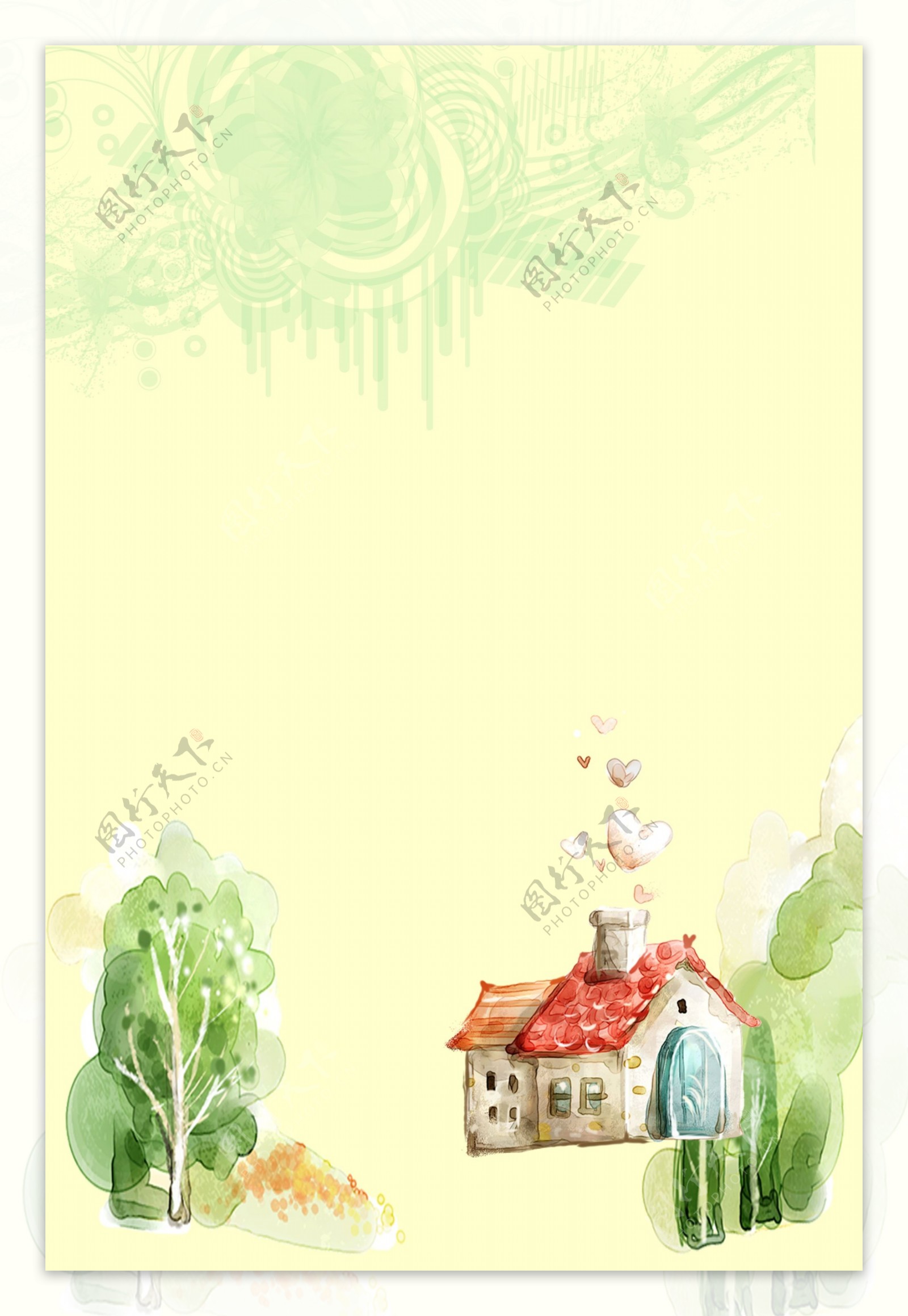 卡通爱心小房子和树