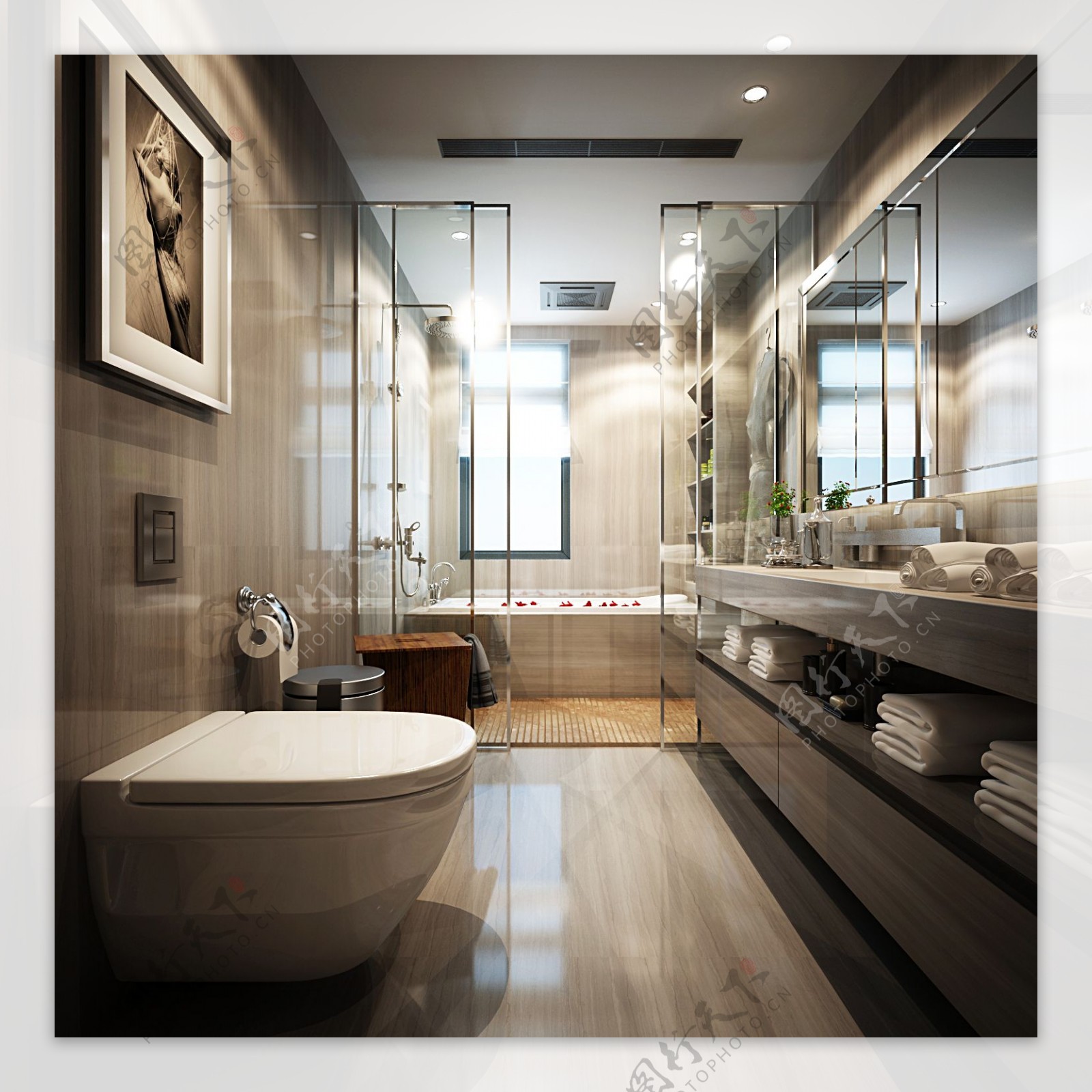 现代轻奢浴室亮面背景墙室内装修效果图