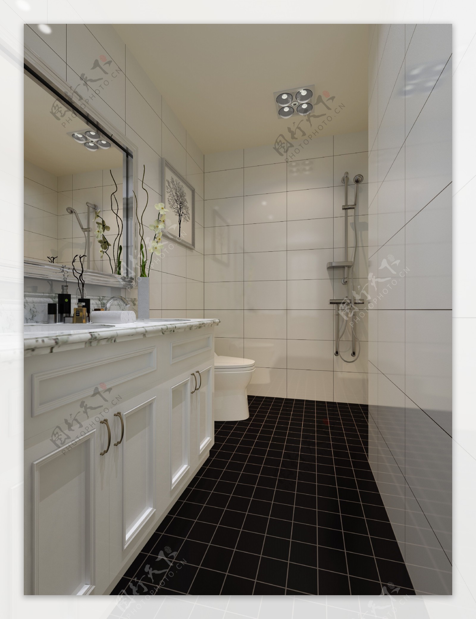 2013欧式风格别墅家用卫生间白色瓷砖吊顶镜前灯装修效果图 – 设计本装修效果图