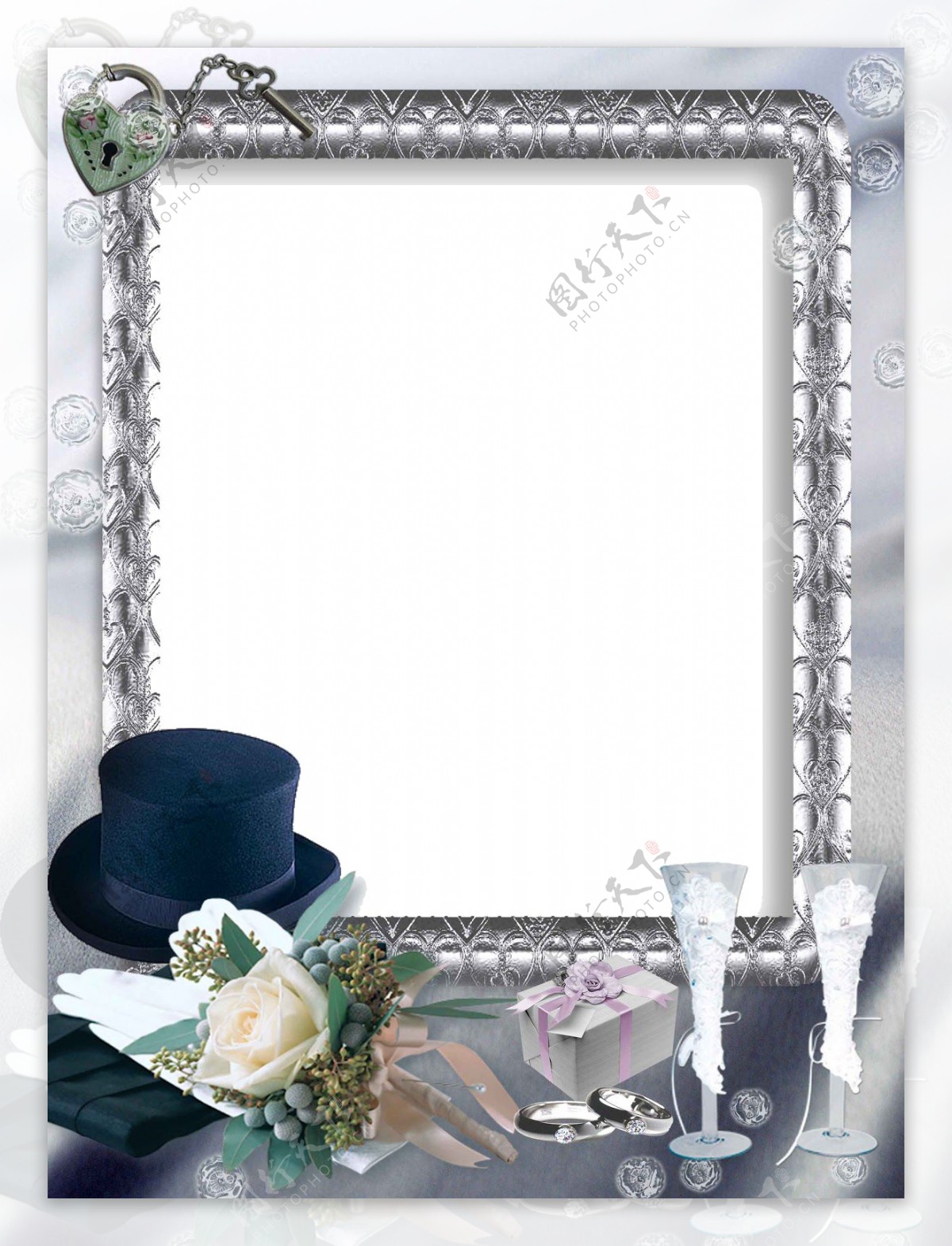 玫瑰礼帽婚礼边框免抠png透明图层素材