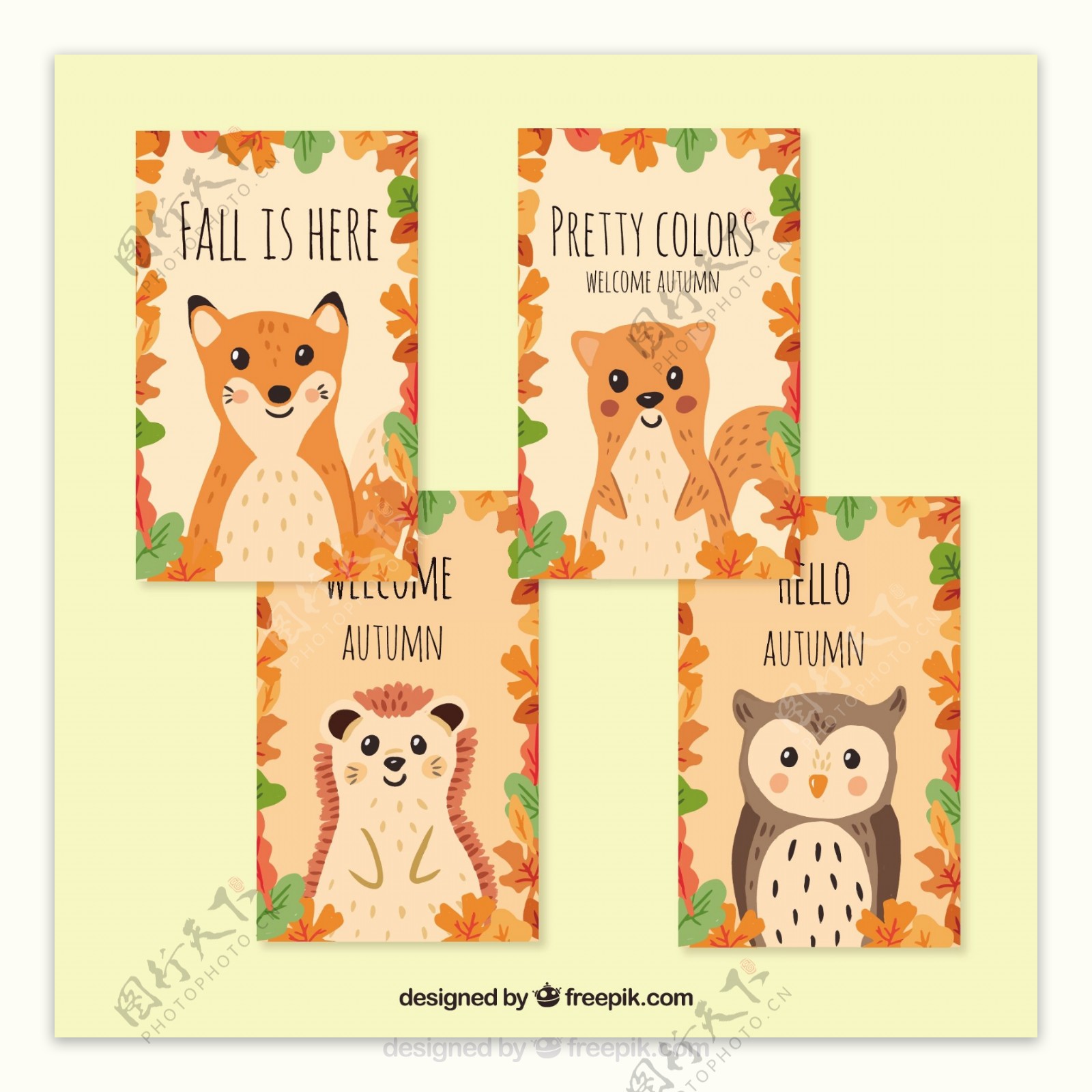 可爱动物手绘秋季卡片
