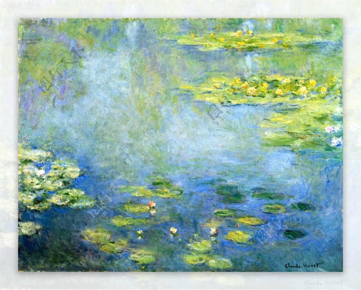 池塘里漂浮的莲叶油画
