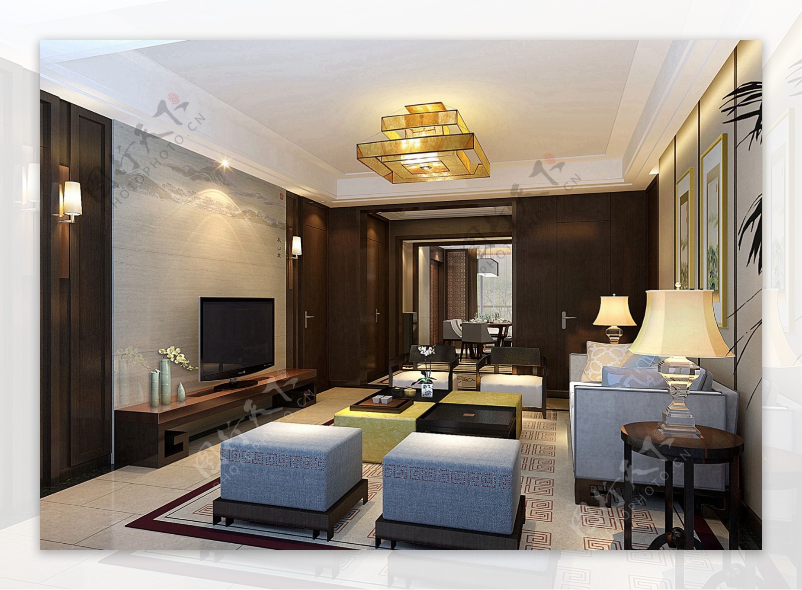 现代时尚客厅金色方形吊灯室内装修效果图