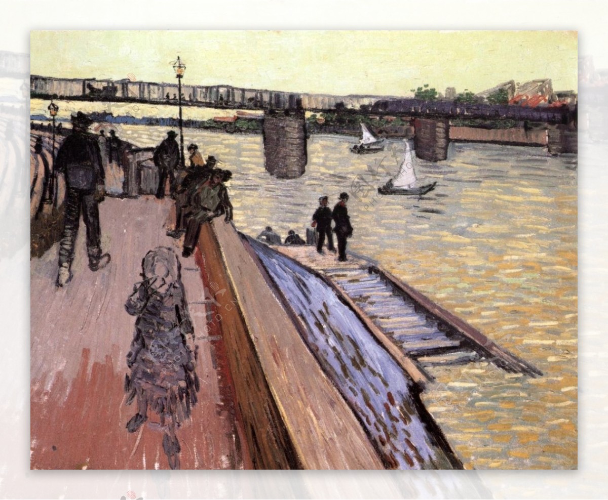 美丽欧式城市运河边游人油画背景墙素材
