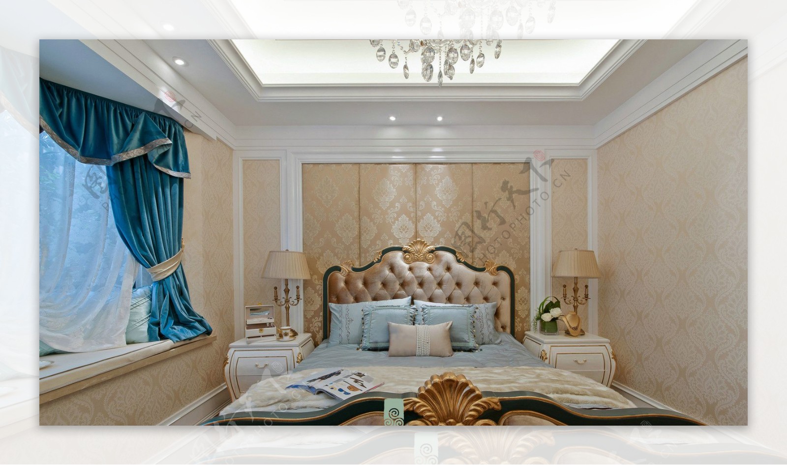 现代时尚卧室蓝色丝质窗帘室内装修效果图