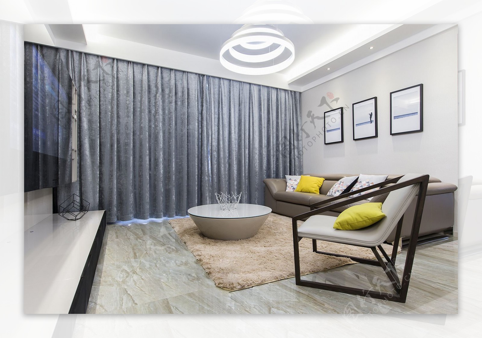 现代时尚浅色毛地毯客厅室内装修效果图