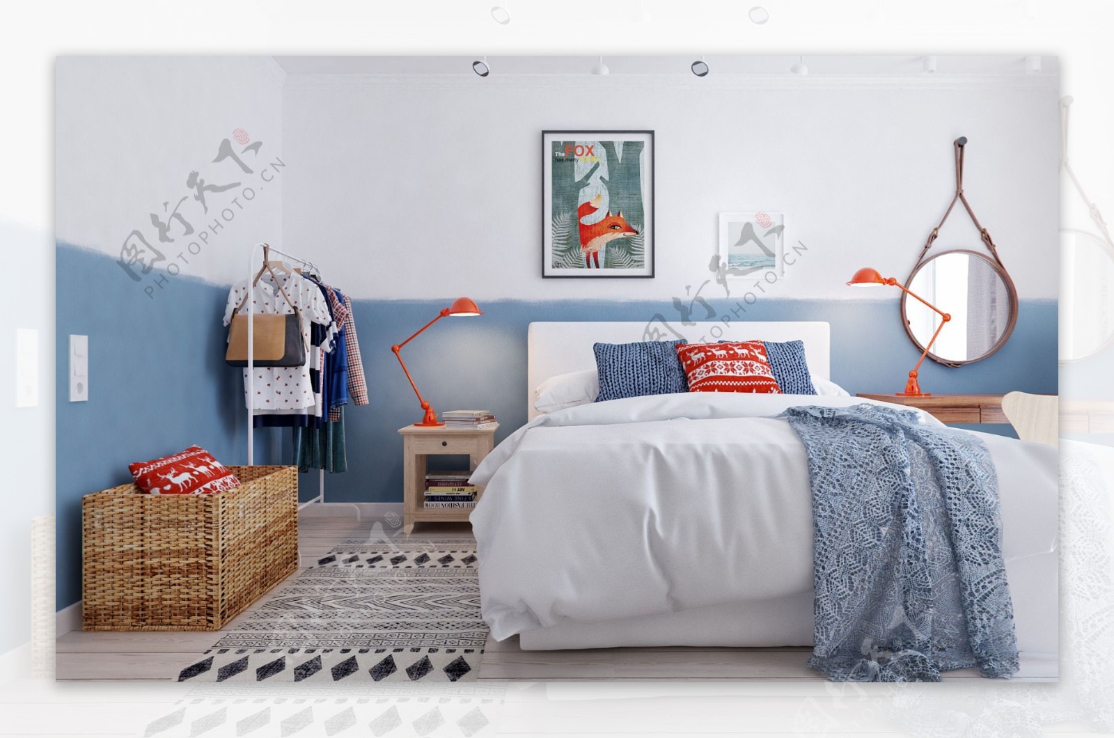 现代时尚海洋风格卧室蓝白背景墙室内装修图