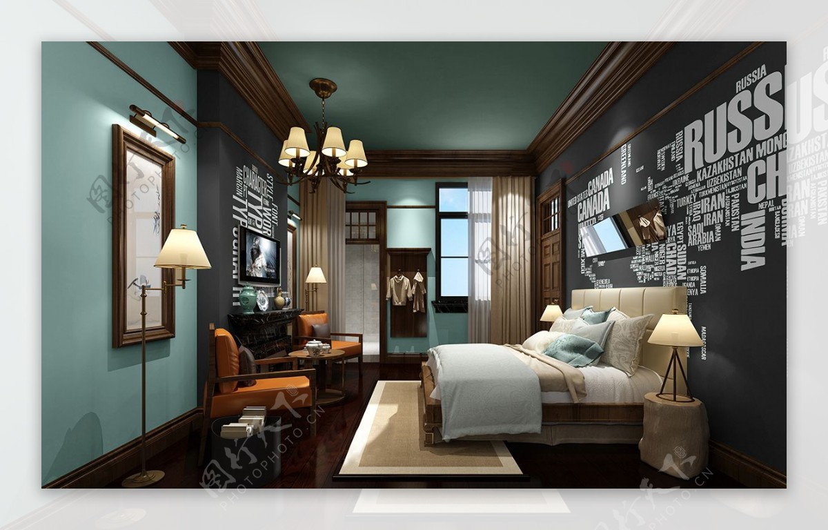 美式清新卧室灰绿色背景墙室内装修效果图