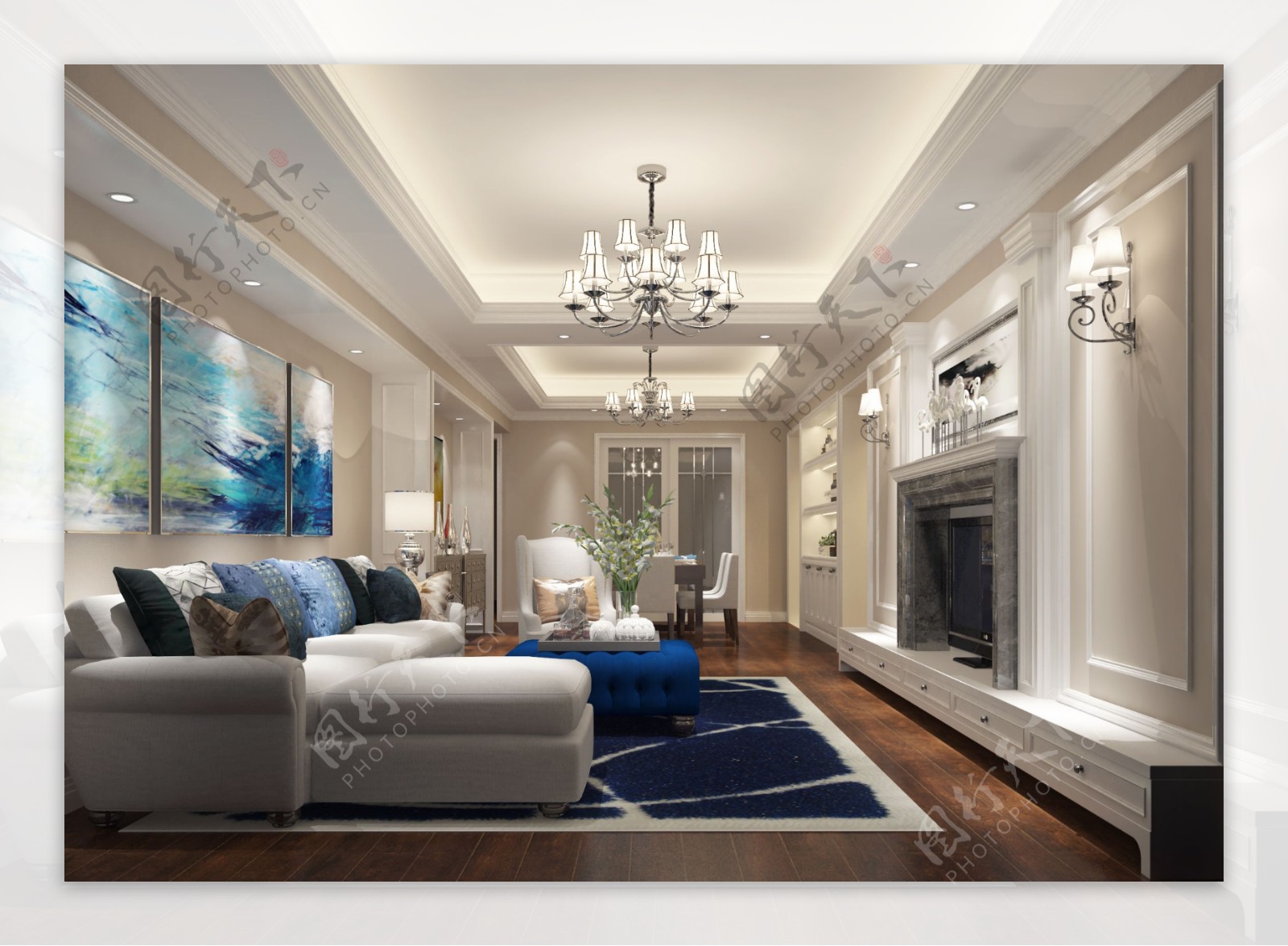 美式清新客厅蓝色挂画室内装修效果图