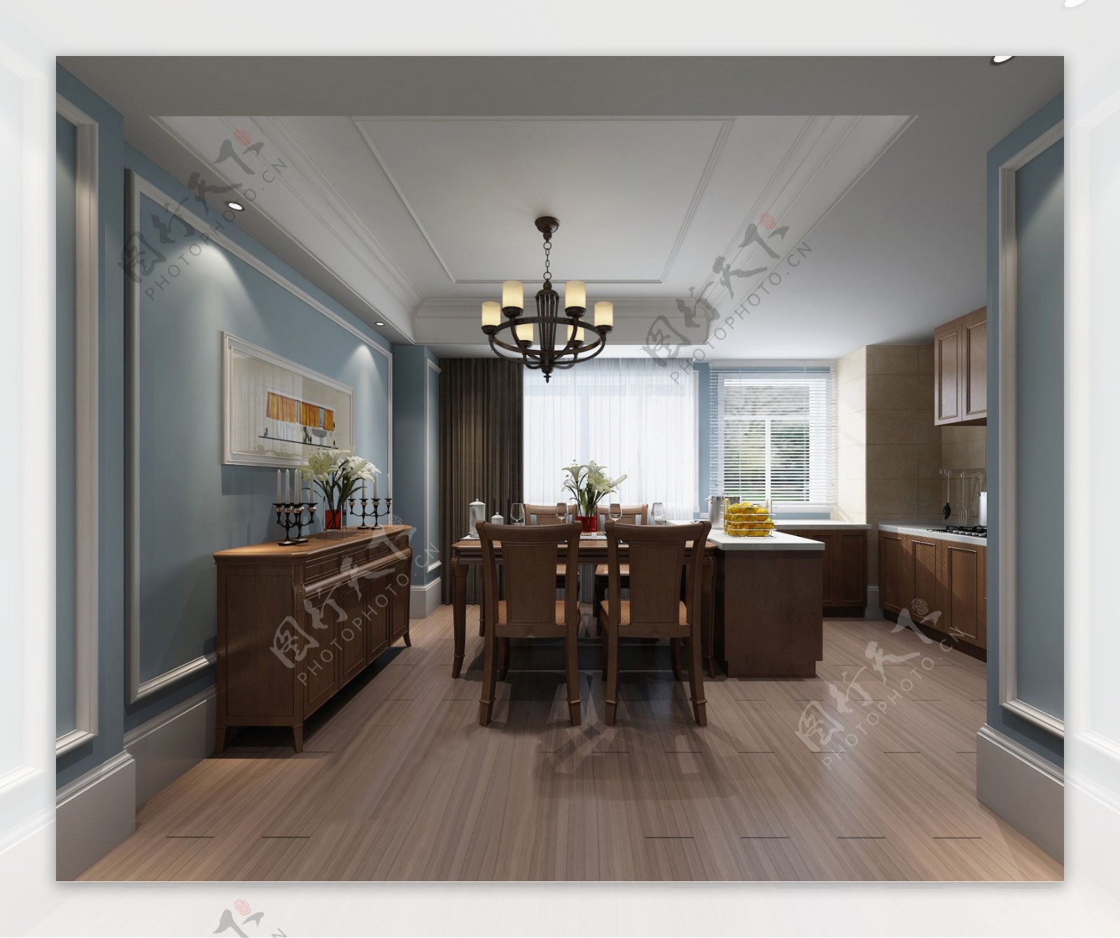 美式清新客厅蓝灰色背景墙室内装修效果图