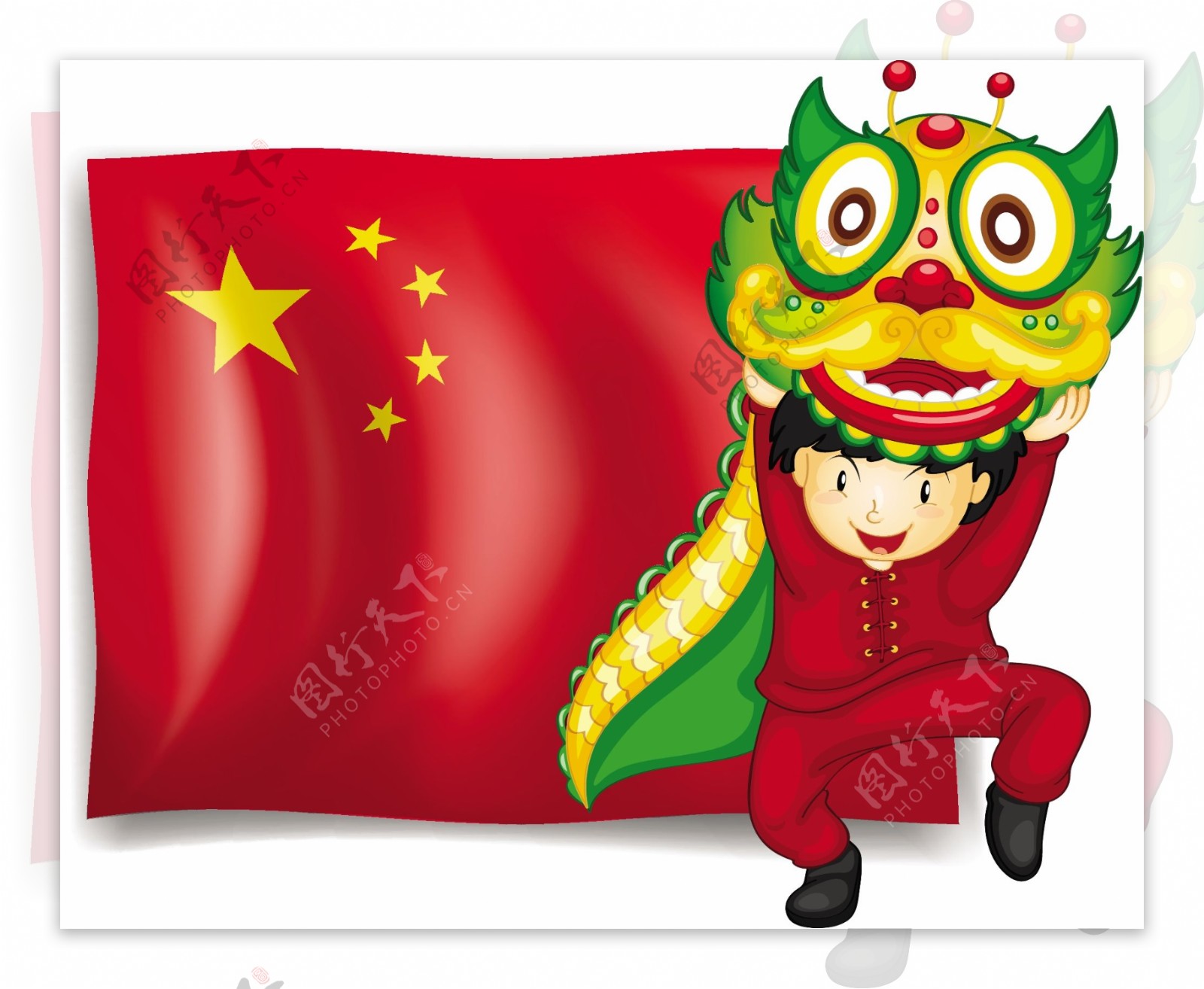 矢量手绘国庆中国风舞狮插画