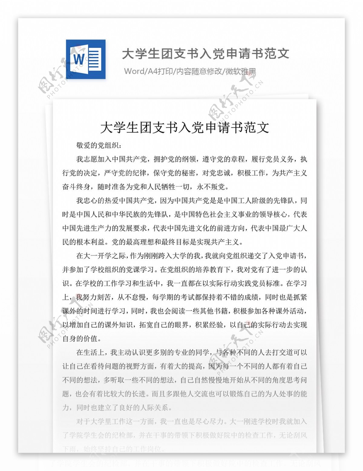 大学生团支书入党申请书范文党团工作文档