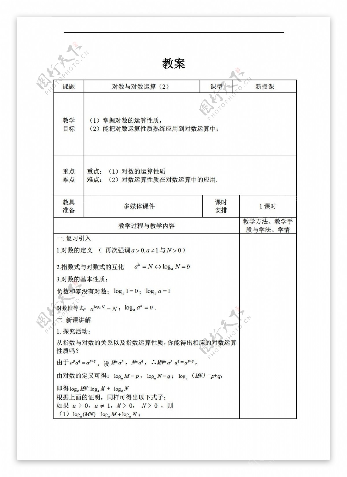 数学人教新课标A版2.2.1对数及对数运算教案2表格式