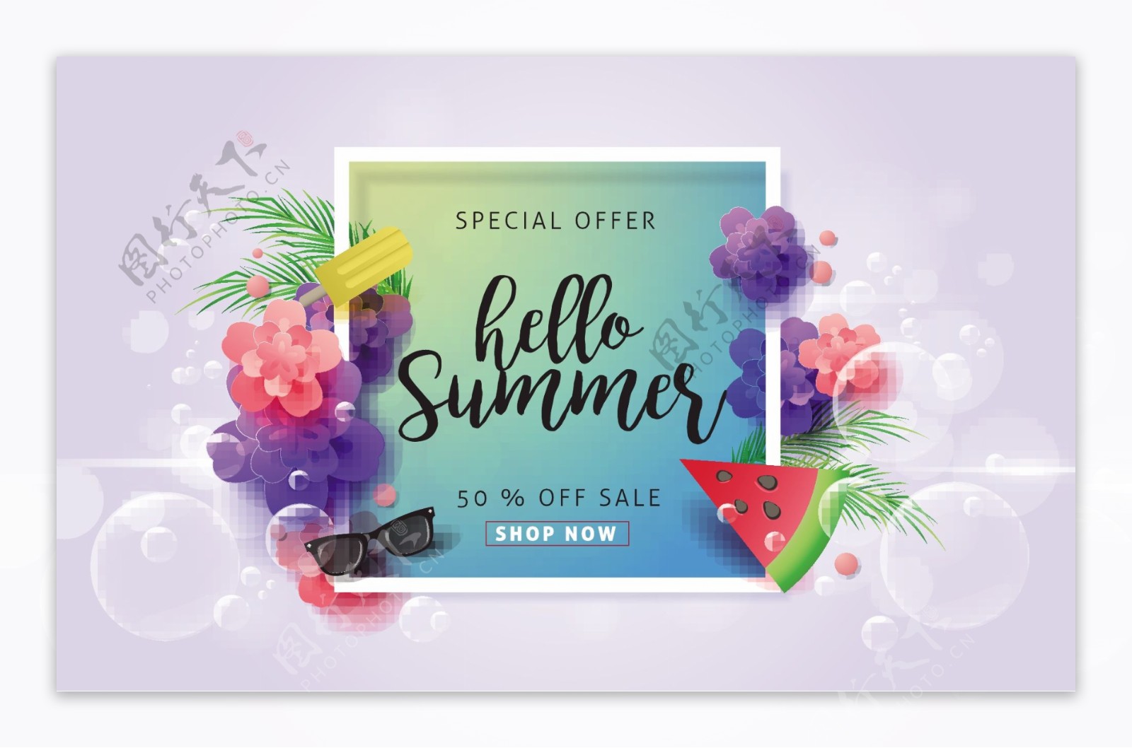 彩色花卉装饰夏季促销卡片矢量图