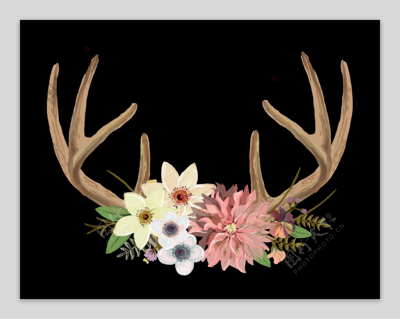 手绘鹿角与花朵png透明素材