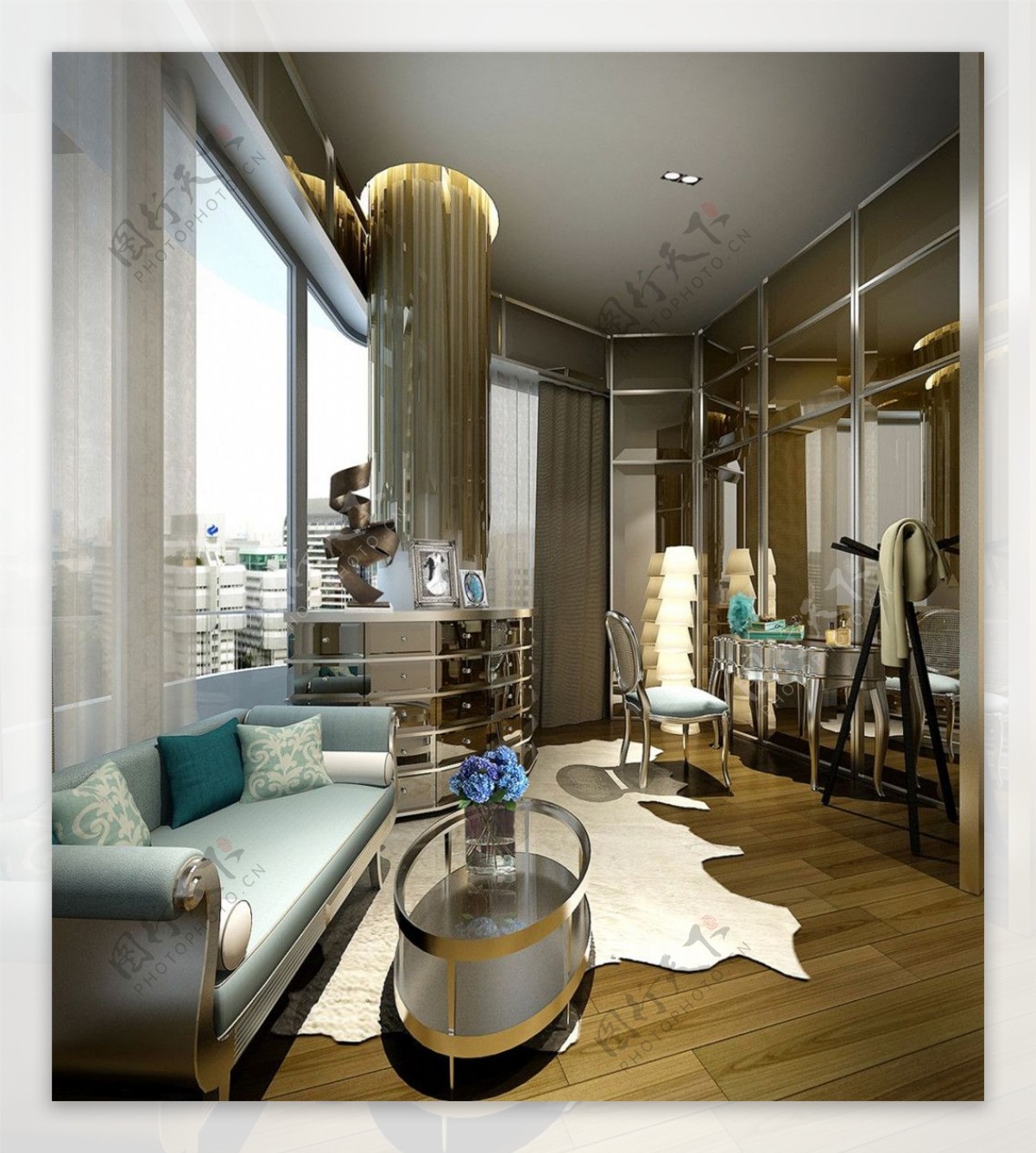 现代时尚客厅薄荷蓝沙发室内装修效果图