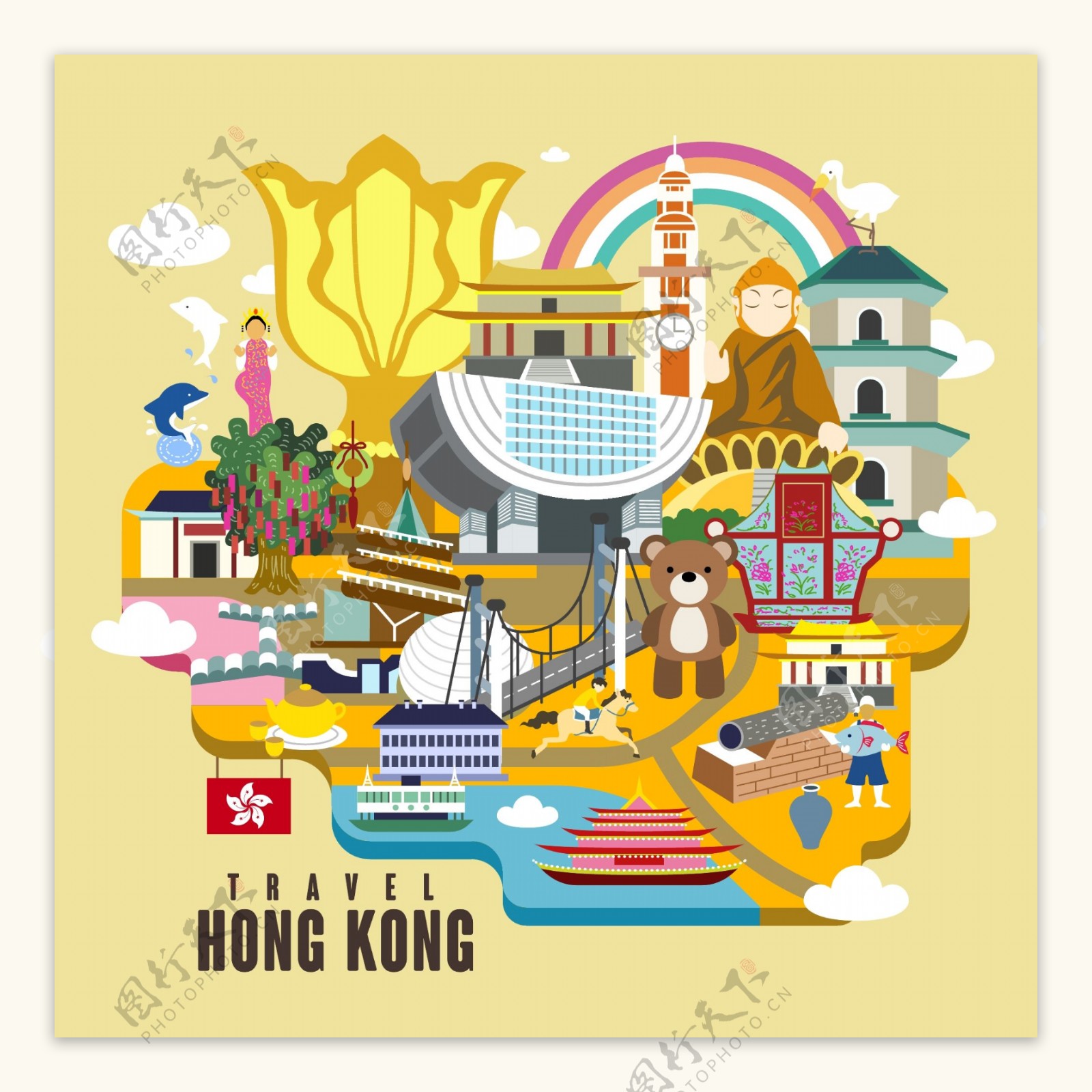 扁平个性香港旅行插画
