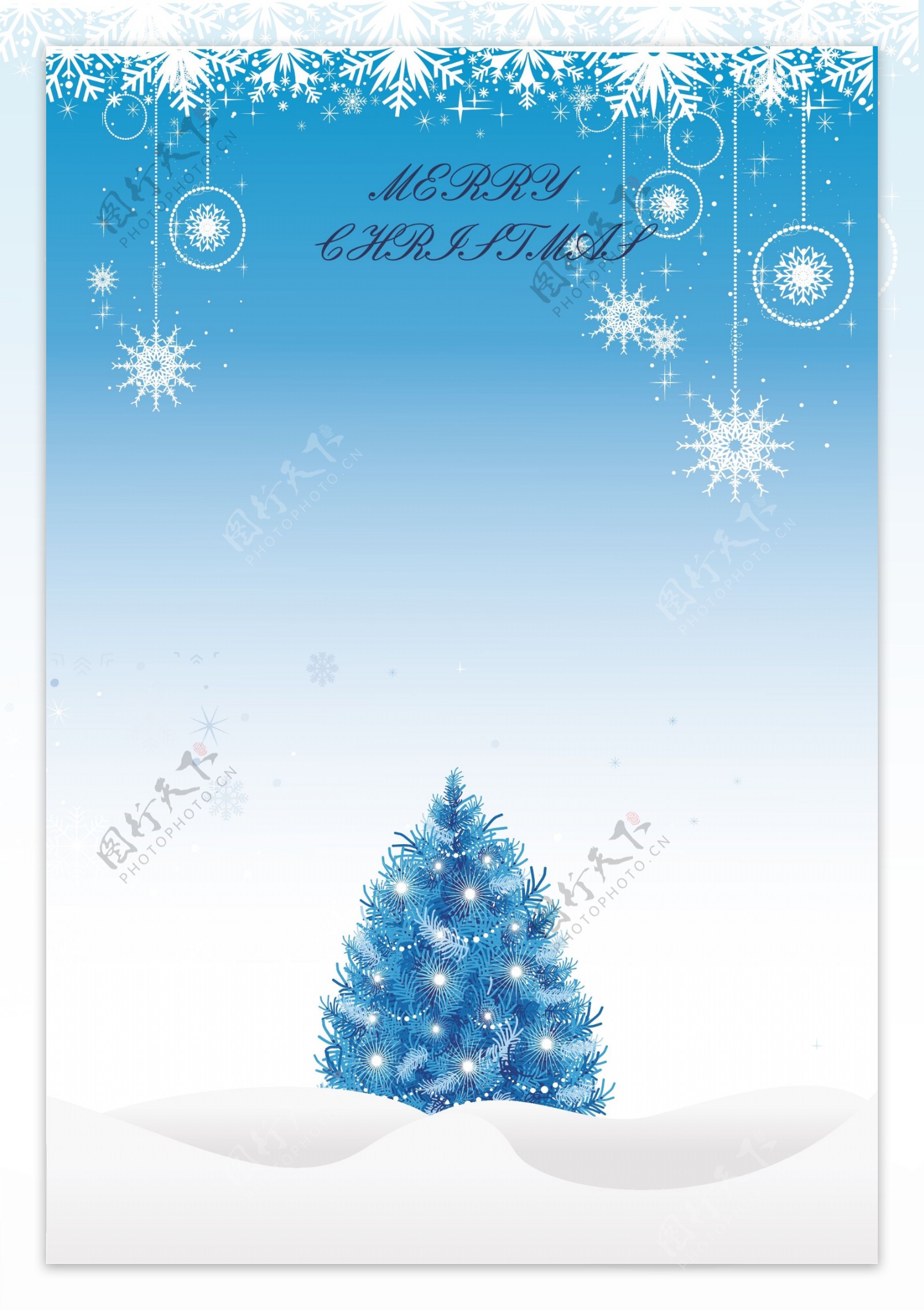 蓝色圣诞树雪花挂坠清新海报背景素材
