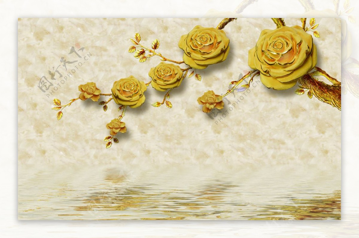 3D金色牡丹玫瑰花背景