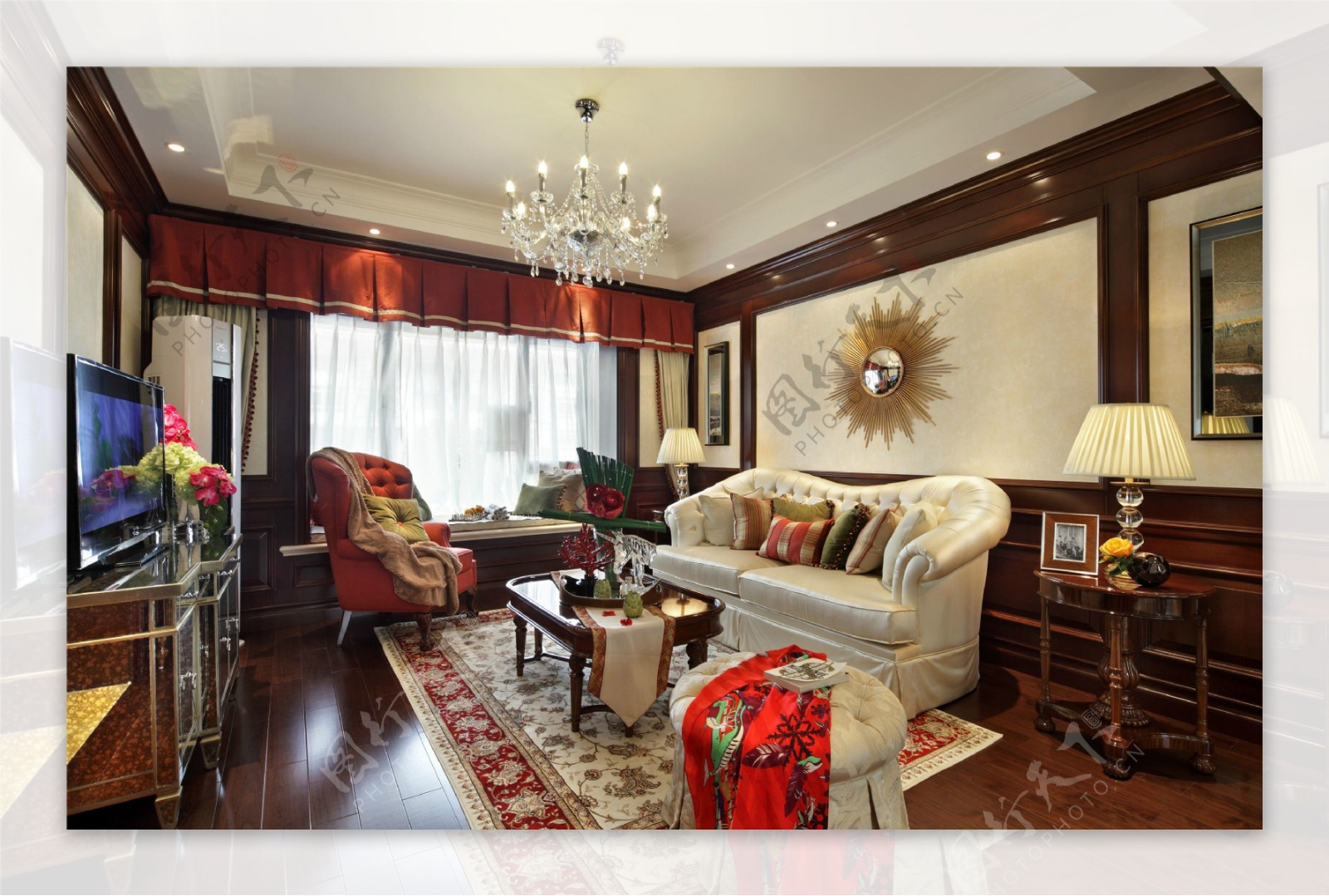 中式混搭客厅花纹地毯室内装修效果图