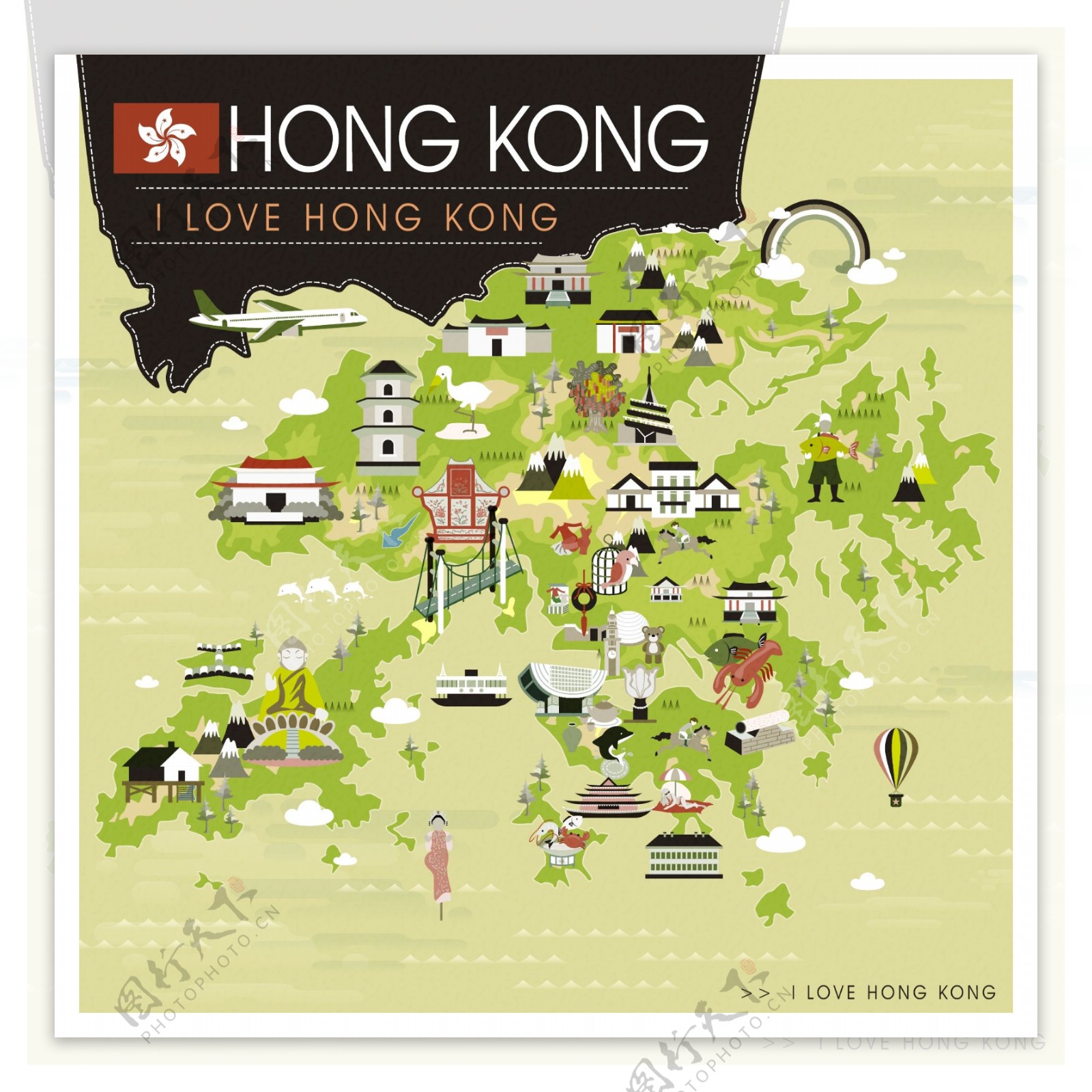 卡通时尚香港旅行地图