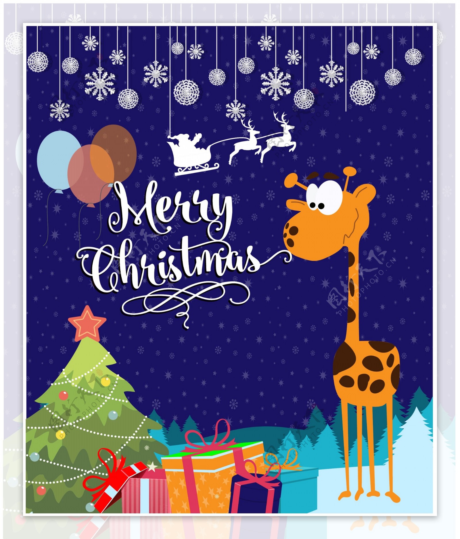 圣诞贺卡与可爱的长颈鹿背景