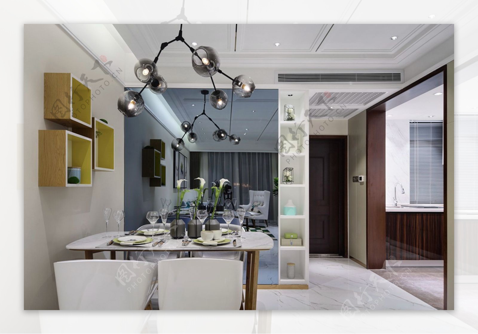 现代时尚客厅银色灯泡吊灯室内装修效果图