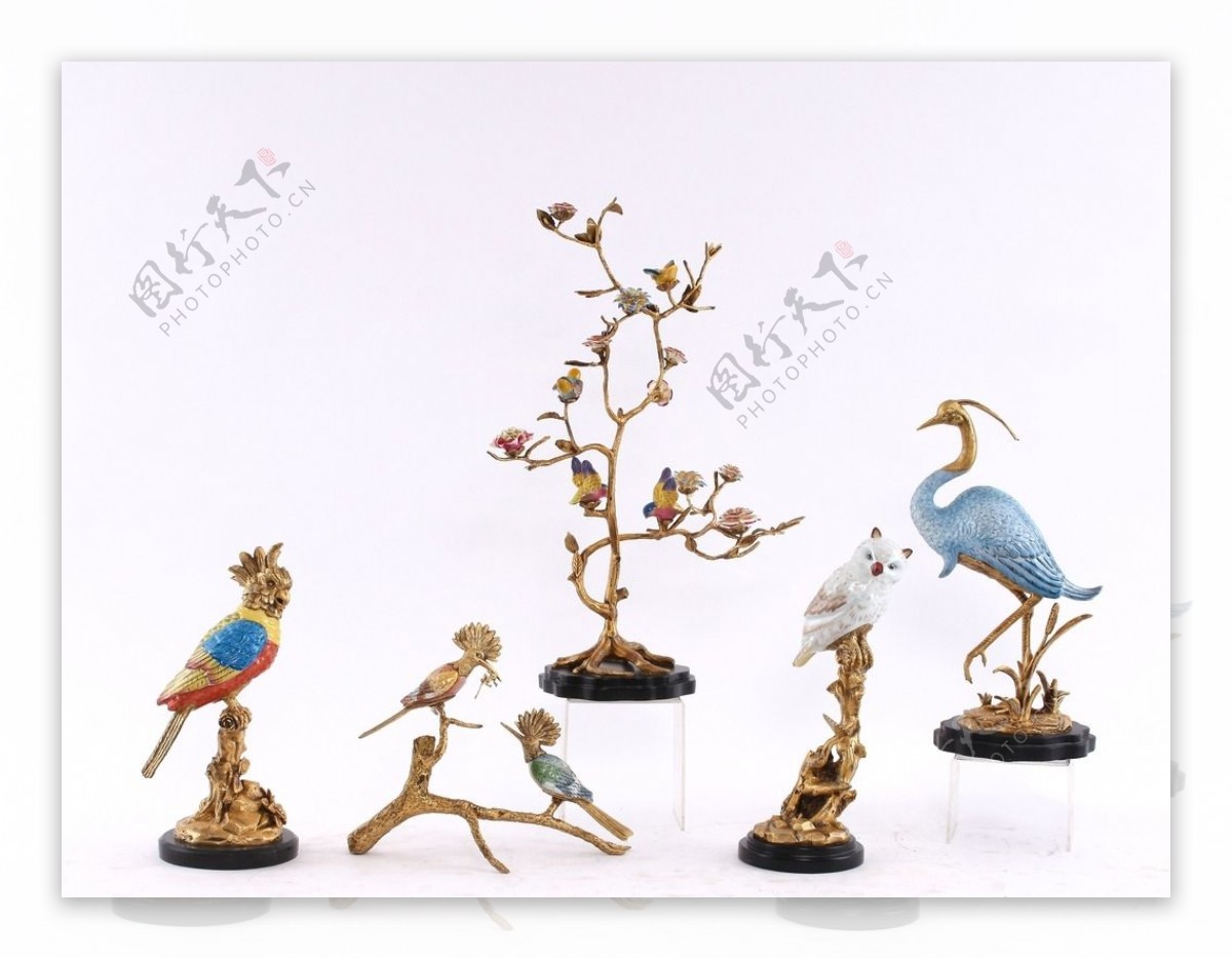 中式花鸟摆件陶瓷配铜