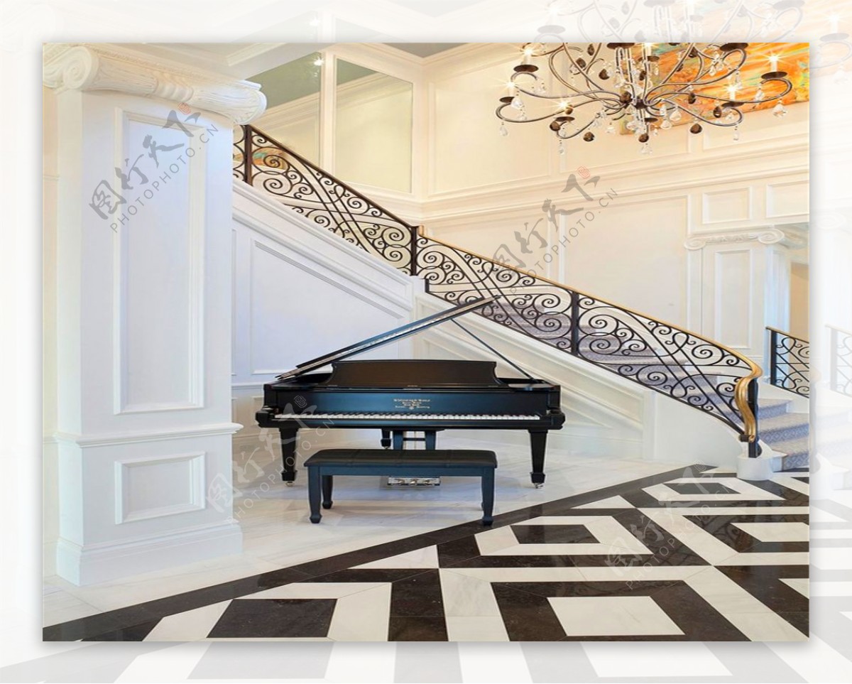 豪华别墅室内钢琴摆放设计效果图